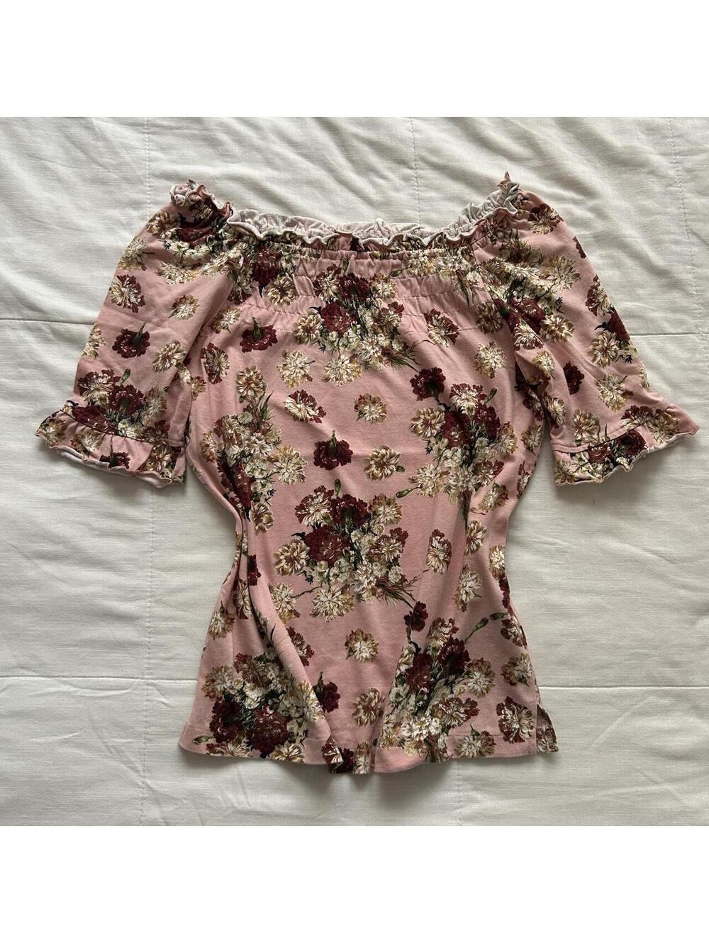 Japanese Brand Floral Off Shoulder Blouse Pink Ruffle Bell Sleeve Small